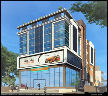 Kubota Tractors Showroom's Computer Generated 3D View & Plan By Pawar Architects
